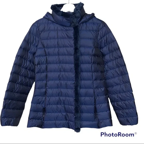 Cole Haan Down Quilted Puffer Hooded Jacket Faux Fur Trim Iridescent Blue Sz XS - Picture 7 of 16